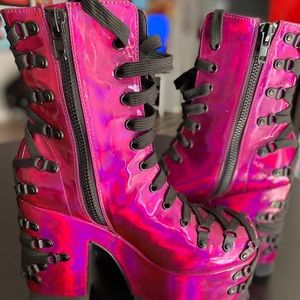 Purple iridescent lace up platform boots